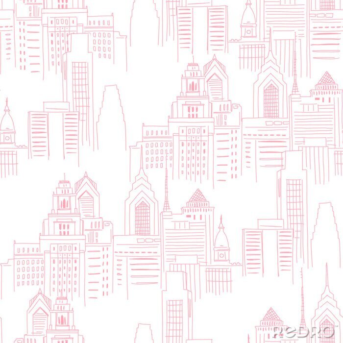 Papier peint à motif  Modern New York city scape in pink colour. Girlish Superhero themed neutral seamless pattern. Vector doodle graphics. Perfect for little girl design like t-shirt textile fabric print birtday party