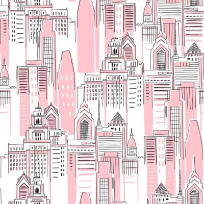 Papier peint à motif  Modern New York city scape in pink colour. Girlish Superhero themed seamless pattern. Vector doodle graphics. Perfect for little girl design like t-shirt textile fabric print birtday party wrapping