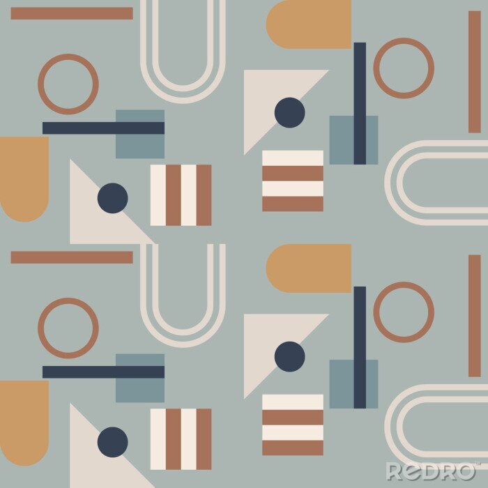 Papier peint à motif  Modern vector abstract  geometric background with circles, rectangles and squares  in retro scandinavian style. Pastel colored simple shapes graphic seamless pattern. Abstract mosaic artwork.