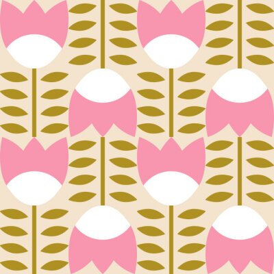 Modern vector abstract  geometric background with stylized flowers, leaves and stems  in retro scandinavian style. Pastel colored simple shapes graphic seamless pattern.