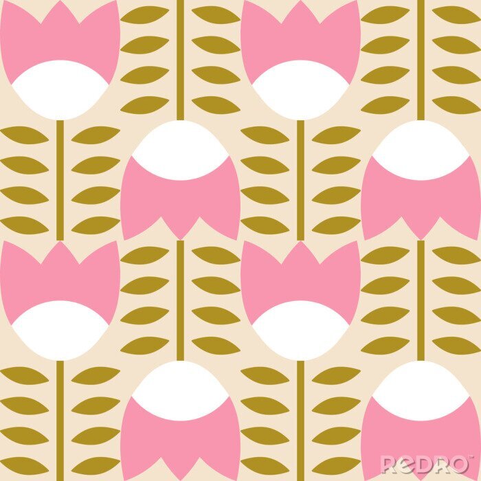 Papier peint à motif  Modern vector abstract  geometric background with stylized flowers, leaves and stems  in retro scandinavian style. Pastel colored simple shapes graphic seamless pattern.