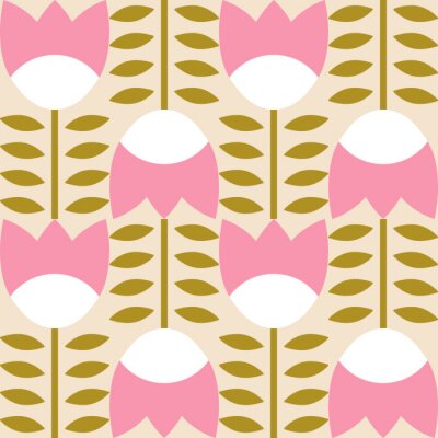 Papier peint à motif  Modern vector abstract  geometric background with stylized flowers, leaves and stems  in retro scandinavian style. Pastel colored simple shapes graphic seamless pattern.