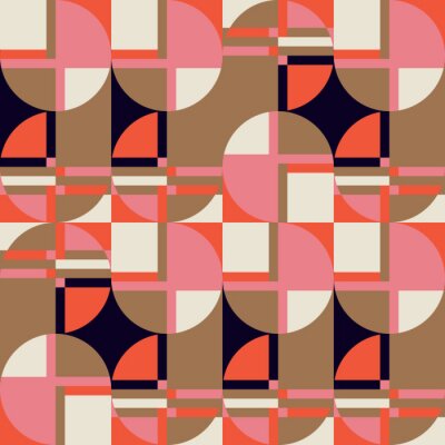 Modern vector abstract seamless geometric pattern with semicircles, rectangles, squares and circles in retro scandinavian style. Pastel colored simple shapes graphic background.