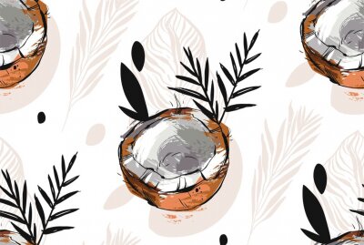 Papier peint à motif  Moitiés de noix de coco et feuilles