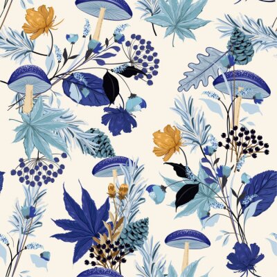 Monotine sur l'ombre bleue Modèle sans couture de jardin automne nuit avec feuille dessinée à la main, champignons, fleurs, pignons de pin, chêne dans le vecteur de motifs de la forêt