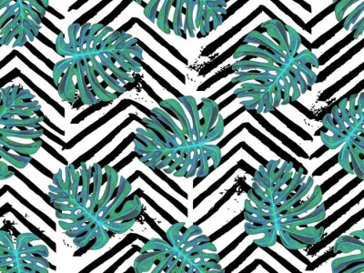 Papier peint à motif  Monstera et bandes noires en arrière-plan