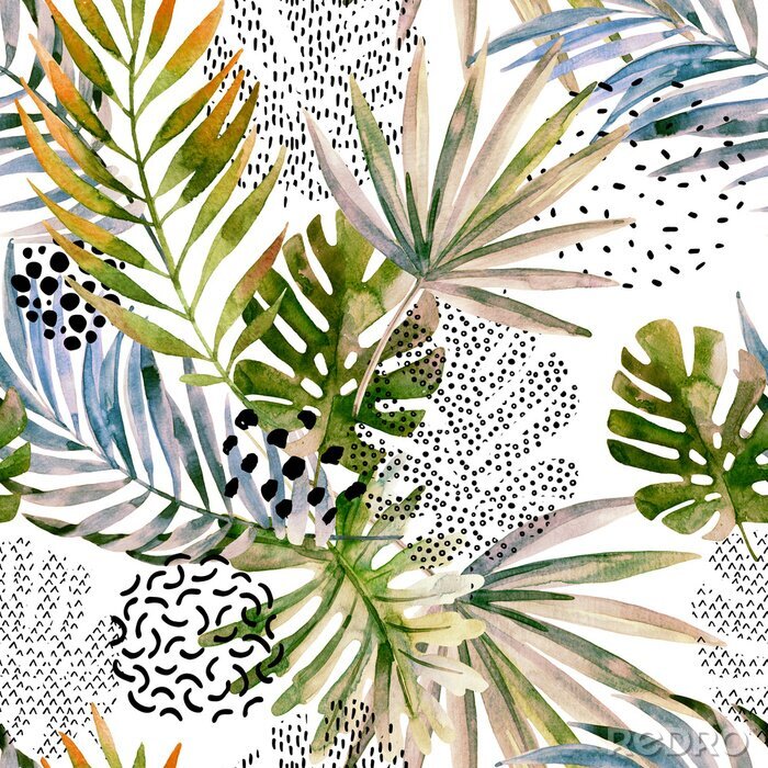 Papier peint à motif  Monstera et palmiers avec des ajouts abstraits
