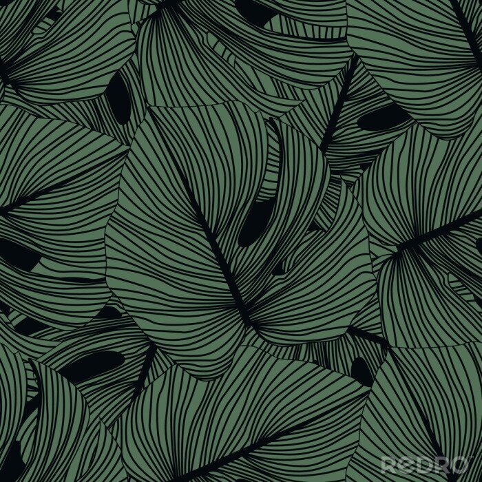 Papier peint à motif  Monstera leaves seamless pattern on black background. Tropical pattern, botanical leaf backdrop.