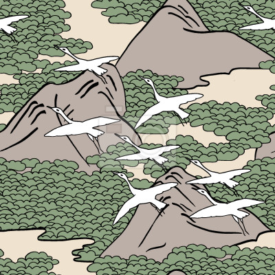 Papier peint à motif  Montagnes asiatiques et oiseaux blancs