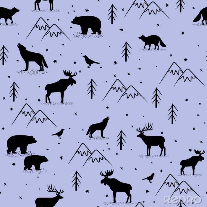 Papier peint à motif  Montagnes avec ours loup et cerf