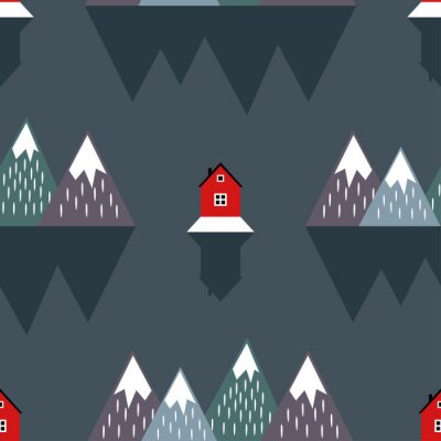 Papier peint à motif  Montagnes scandinaves et maisons rouges