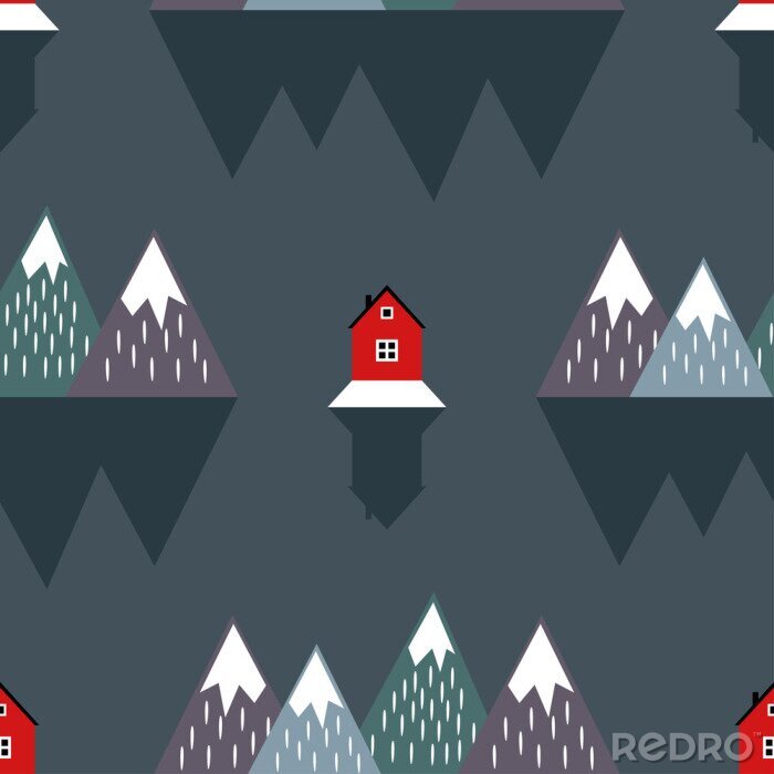 Papier peint à motif  Montagnes scandinaves et maisons rouges
