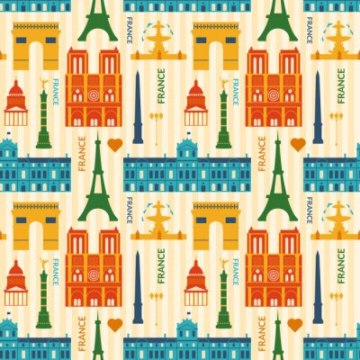Papier peint à motif  Monuments de France seamless pattern coloré