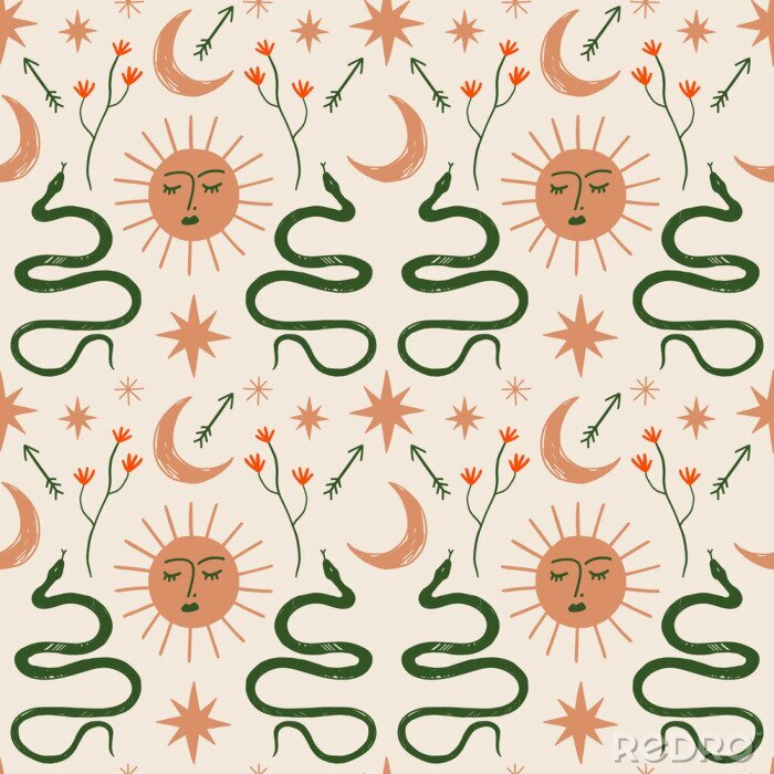 Papier peint à motif  Moon and Sun boho magical seamless pattern with snakes in vector.