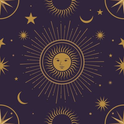 Moon, sun and stars, seamless ornamental pattern