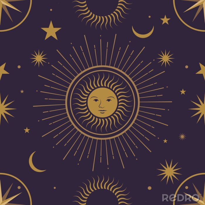 Papier peint à motif  Moon, sun and stars, seamless ornamental pattern