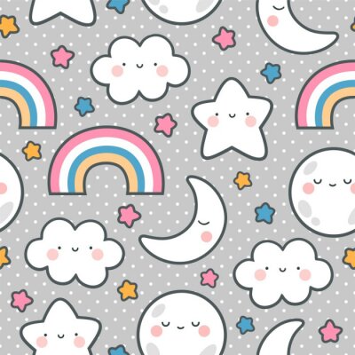 Papier peint à motif  Moons Clouds Rainbows and Stars Cute Seamless Pattern, Cartoon Vector Illustration, Nursery Background for Kid