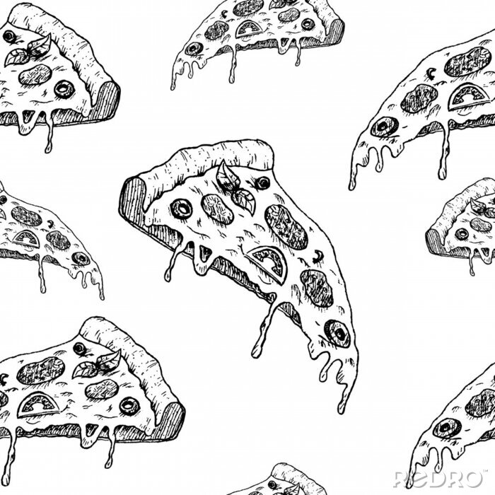 Papier peint à motif  Morceaux de pizza noirs et blancs avec du fromage