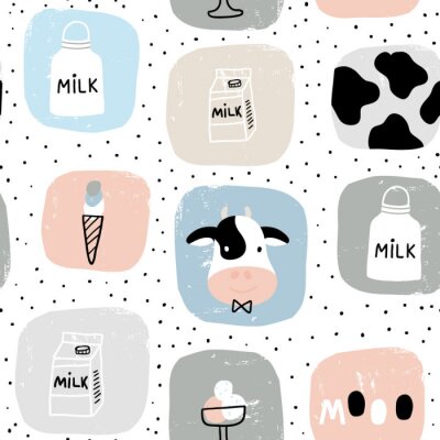 Papier peint à motif  Mosaïque scandinave pour enfants avec des vaches