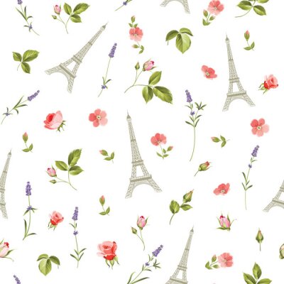 Papier peint à motif  Motif à fleurs rouges, feuilles et tour Eiffel. Fond sans soudure pour la conception de tissu. Illustration vectorielle.