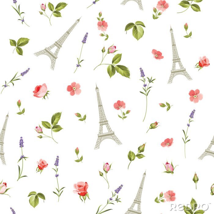 Papier peint à motif  Motif à fleurs rouges, feuilles et tour Eiffel. Fond sans soudure pour la conception de tissu. Illustration vectorielle.
