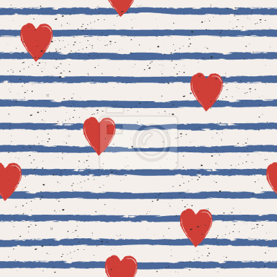 Motif à rayures bleues et cœurs rouges