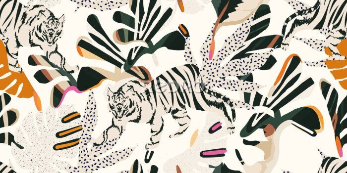 Papier peint à motif  Motif abstrait jungle et tigres