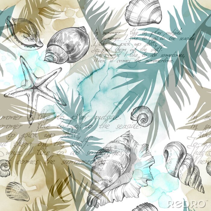 Papier peint à motif  Motif aquarelle avec des coquillages sur un fond de feuilles tropicales