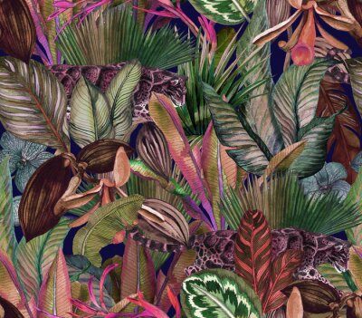 Motif aquarelle - chat sauvage et feuilles tropicales