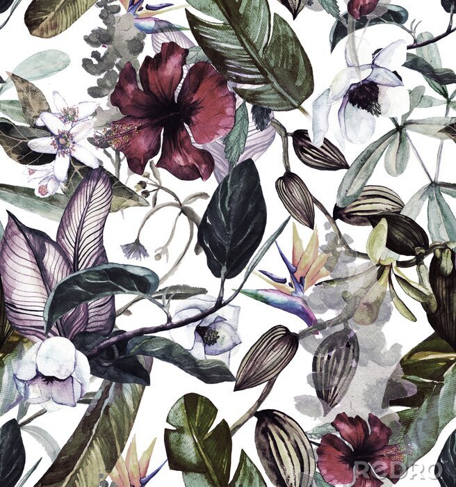 Papier peint à motif  Motif aquarelle transparente avec des fleurs tropicales, magnolia, fleur d'oranger, vanille orchidée, feuilles tropicales, feuilles de bananier