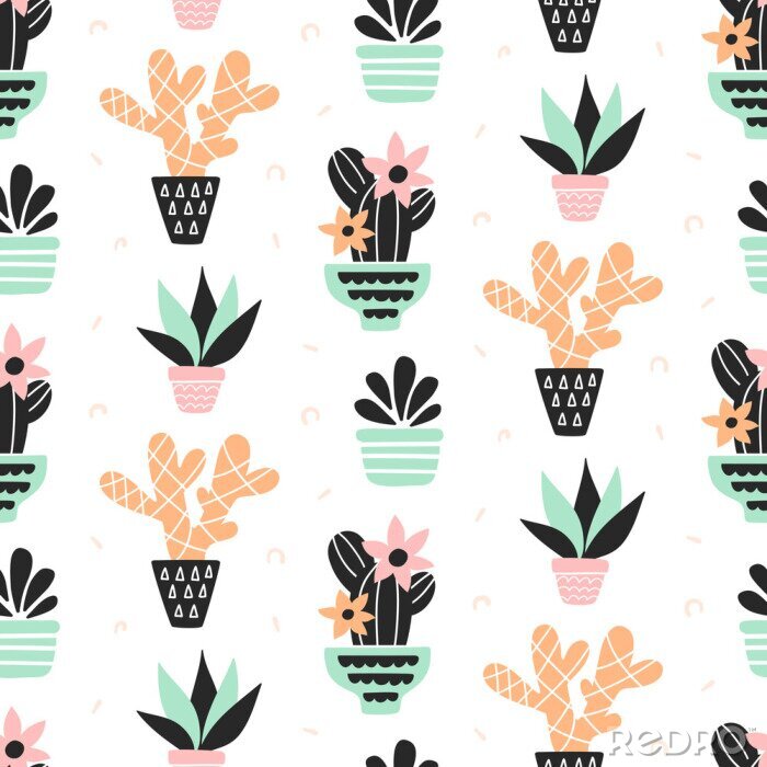 Papier peint à motif  Motif avec des cactus en pots