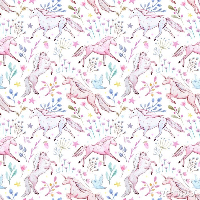 Papier peint à motif  Motif avec des licornes roses