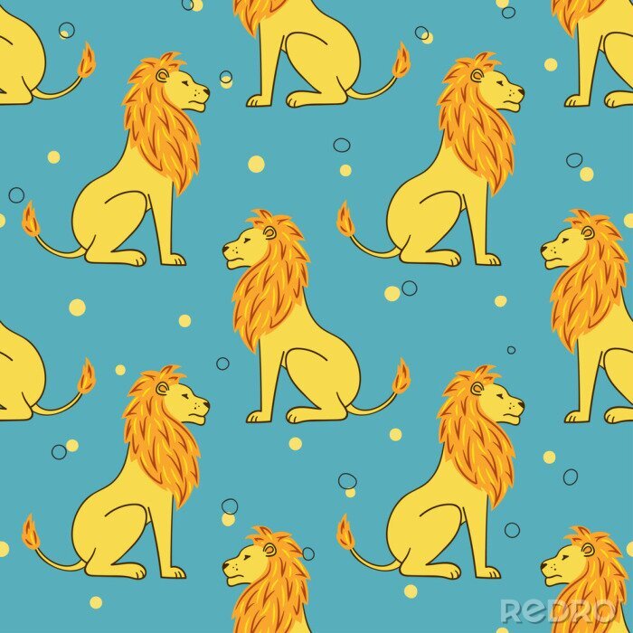 Papier peint à motif  Motif avec des lions sur fond bleu