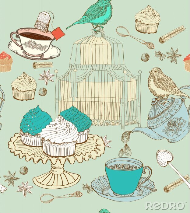 Papier peint à motif  Motif avec des oiseaux et des desserts