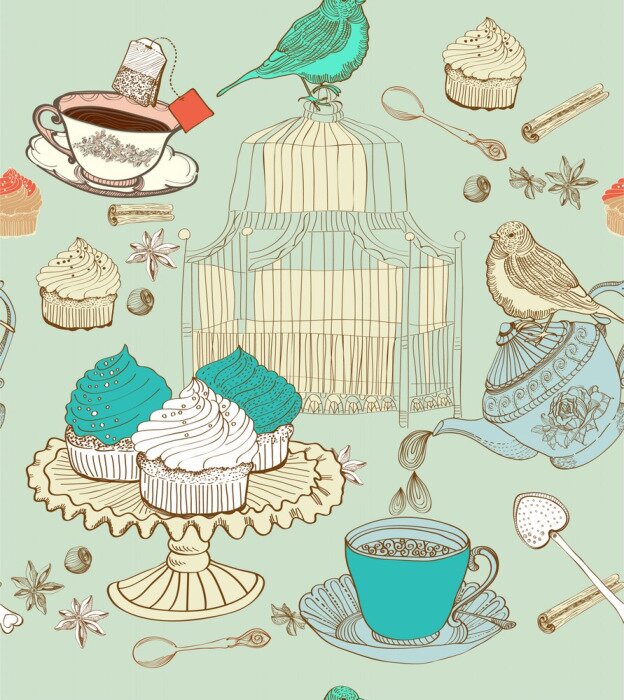 Papier peint à motif  Motif avec des oiseaux et des desserts