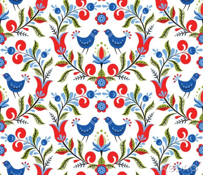 Papier peint à motif  Motif avec des oiseaux et des fleurs