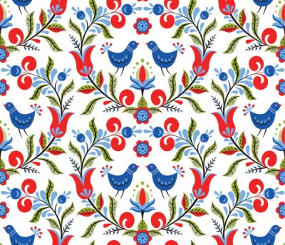 Papier peint à motif  Motif avec des oiseaux et des fleurs