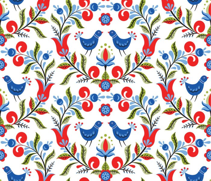 Papier peint à motif  Motif avec des oiseaux et des fleurs