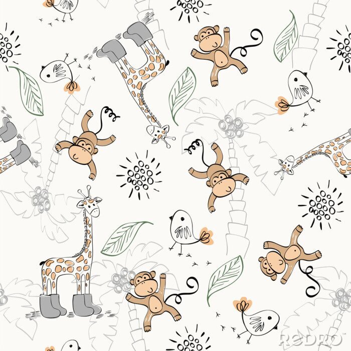 Papier peint à motif  Motif avec des singes et des girafes