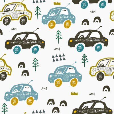Papier peint à motif  Motif avec des voitures. Autos dessinés à la main sur la route. Design de style scandinave. Art abstrait décoratif.