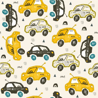 Papier peint à motif  Motif avec des voitures. Autos dessinés à la main sur la route. Design de style scandinave. Art abstrait décoratif.
