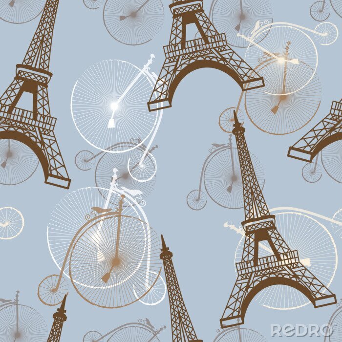 Papier peint à motif  motif avec la Tour Eiffel et des vélos