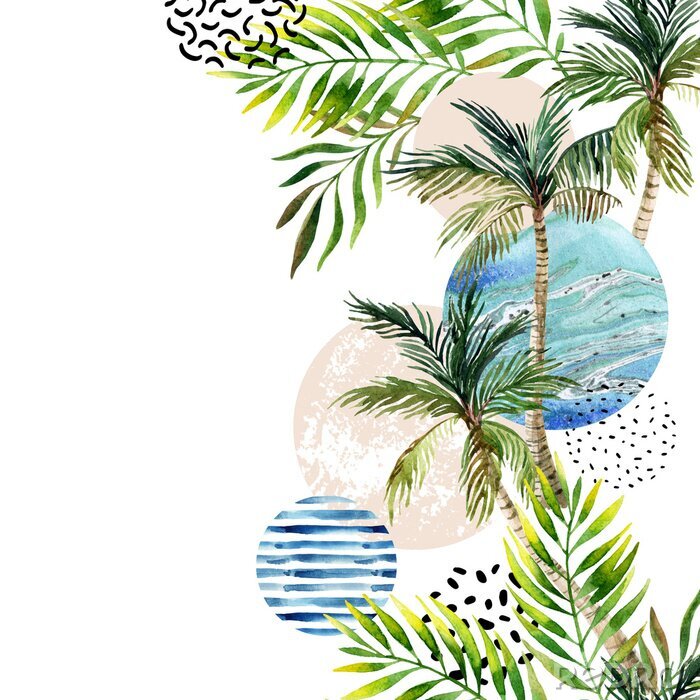 Papier peint à motif  Motif avec palmiers, mer et points