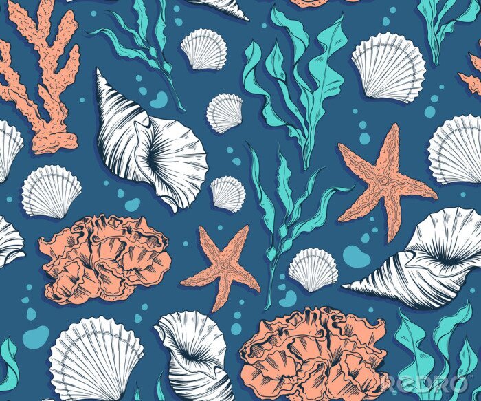 Papier peint à motif  Motif avec récif corallien et coquillages