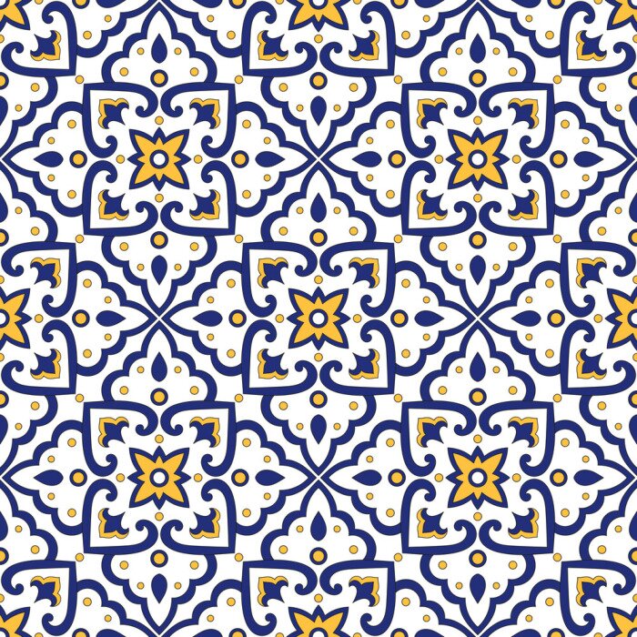 Papier peint à motif  Motif azulejo sur fond blanc
