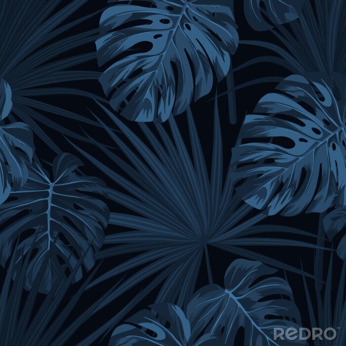 Papier peint à motif  Motif bleu avec des plantes de la jungle