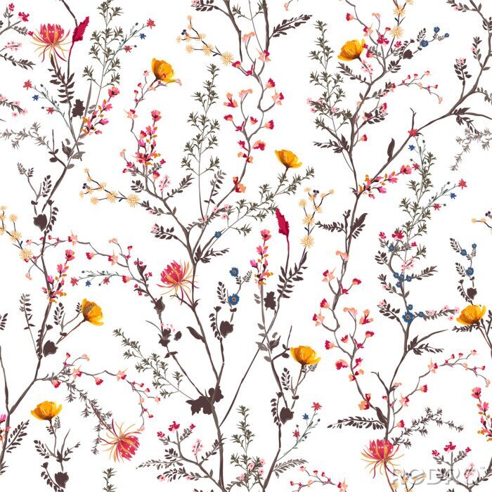 Papier peint à motif  Motif botanique avec des fleurs sur fond blanc