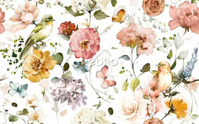 Papier peint à motif  Motif botanique avec oiseaux peints à l'aquarelle
