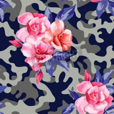 Papier peint à motif  Motif camouflage avec des roses