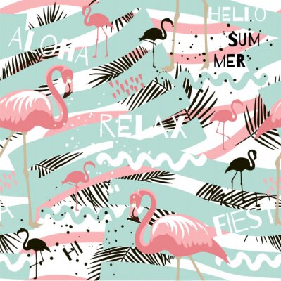 Papier peint à motif  Motif citations flamants et petites feuilles